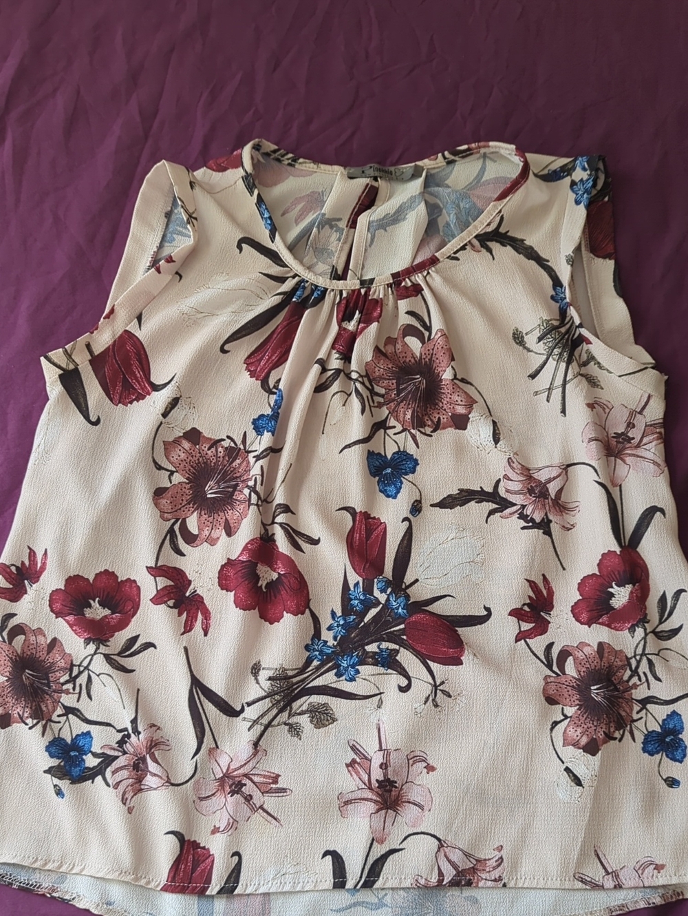 Sleeveless Floral Blouse - Cream with Red & Blue Blooms